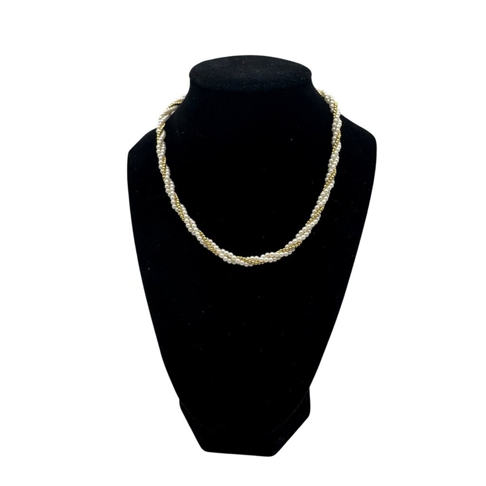 Twisted Faux Pearl Gold Tone Necklace Elegant Beaded Strand Lightweight